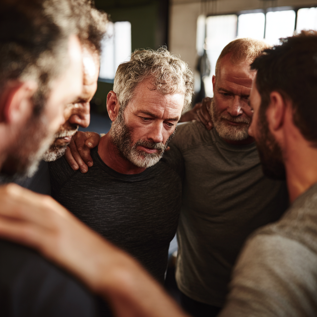 Group of middle-aged men supporting each other during training session