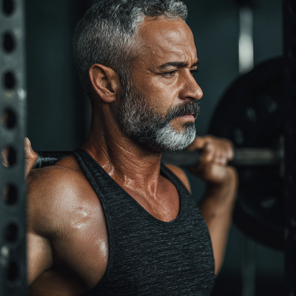 Middle-aged man doing strength training with focus and determination