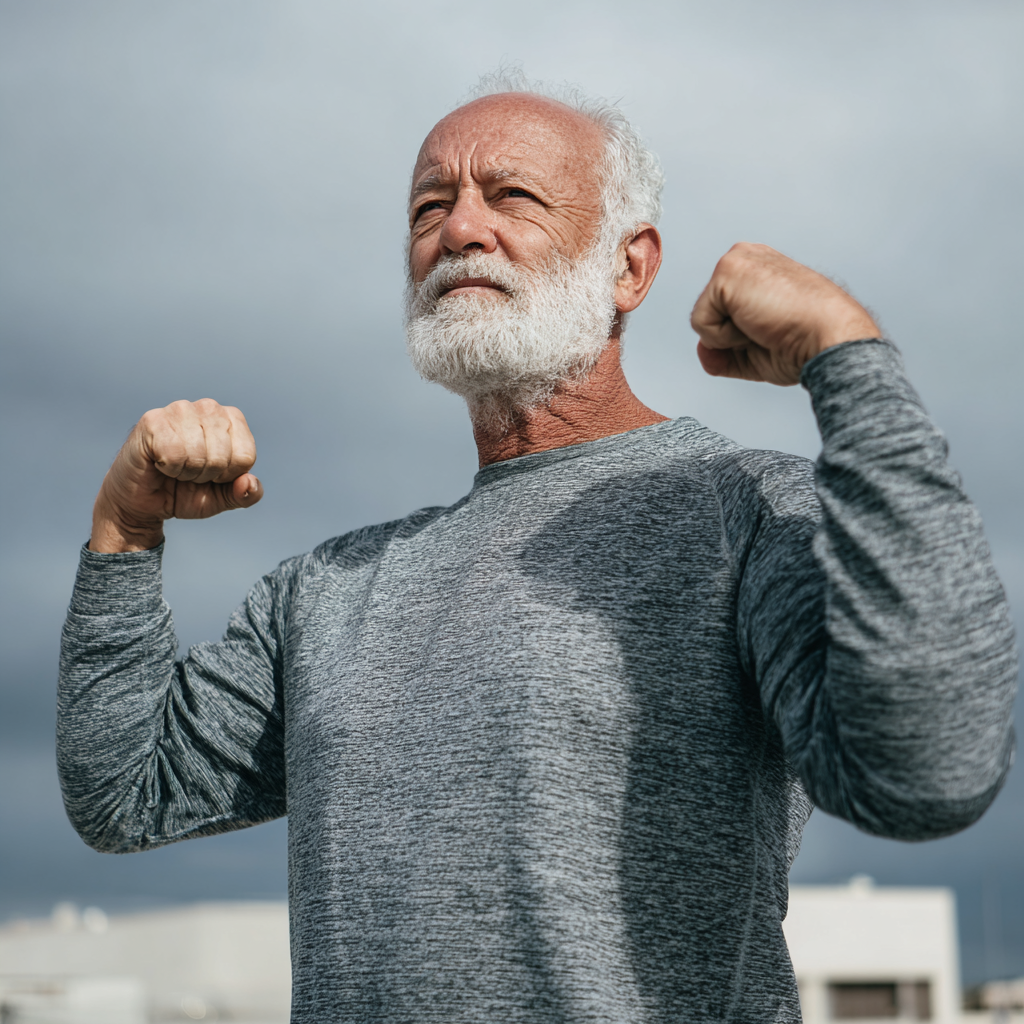 Older adult man celebrating fitness achievement with confident posture
